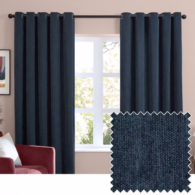 Furn Soft Chenille Blackout Eyelet Curtains in Navy Blue, Width: 168 cm, Drop: 183 cm – 1