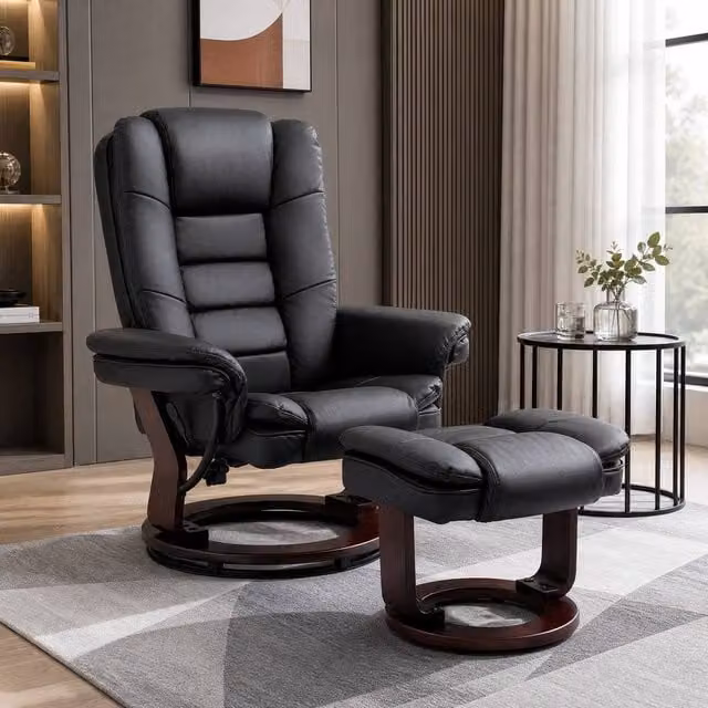 STILVORA Modern Black PU Leather Recliner Armchair with Ottoman and Swivel Function – 1