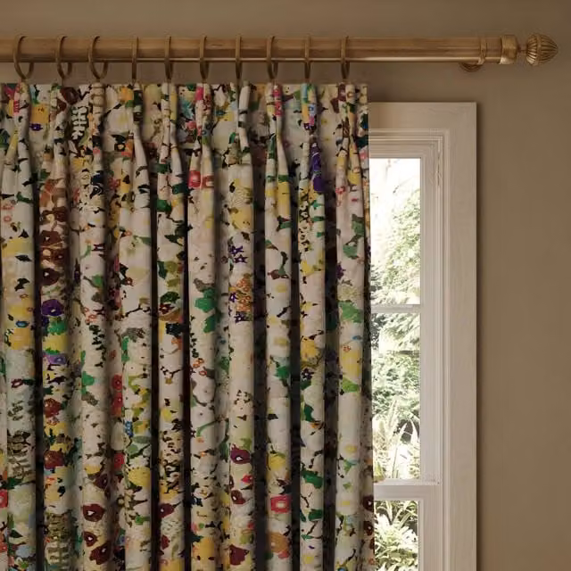 House of Hackney Hollyhocks Cotton Linen Floral Fabric Panel Curtain in Green, Yellow and Multicolour