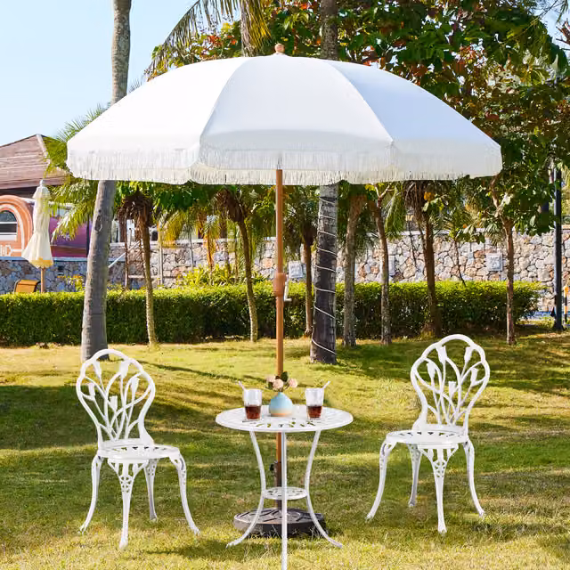 Yaheetech Boho 8-Rib Garden Parasol with Fringe in White, Diameter: 252 cm