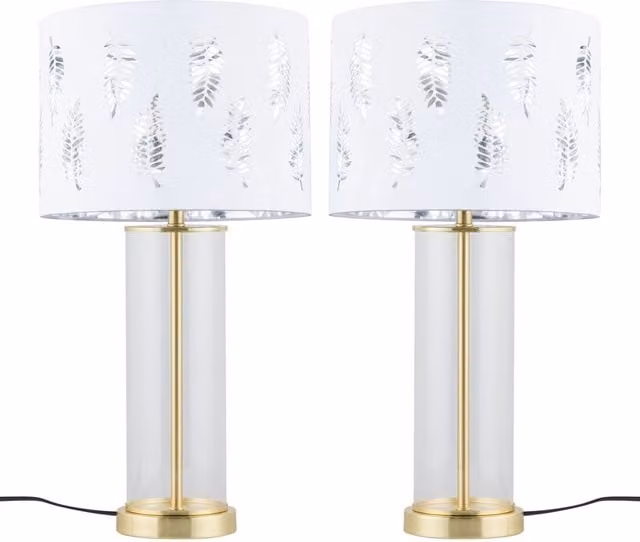 First Choice Lighting Aura Set of 2 Table Lamps in Satin Brass and White with Fern Cut Out Glass Shades – 1
