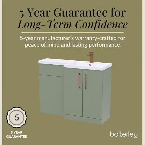 Balterley Corner L-Shaped Vanity Unit with WC Unit and L-Shaped Basin, Green with Brushed Bronze D-Shape Handles – 4
