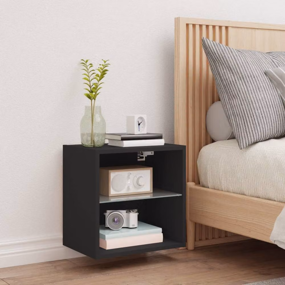 Berkfield Home Modern Wall-mounted Black Decorative Bedside Cabinet with Integrated LED Lights – 4