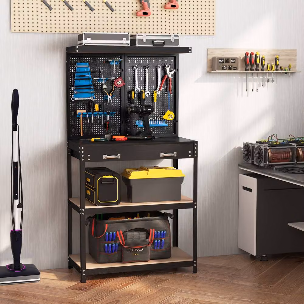 Costway Metal Tool Storage Workbench with Pegboard in Black and Multicolour, W: 156 cm, D: 120 cm, H: 41 cm – 6