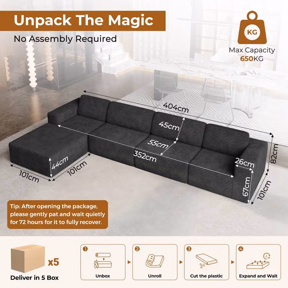 Dprodo Black Corduroy Modular L-Shape Sofa with Matching Ottoman and Removable Covers – 2