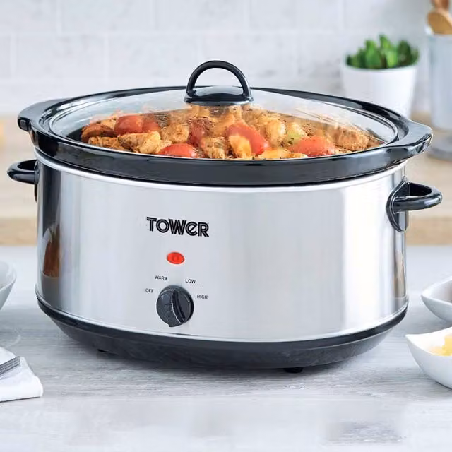 Tower 6.5L Stainless Steel Slow Cooker with Glass Lid in Silver