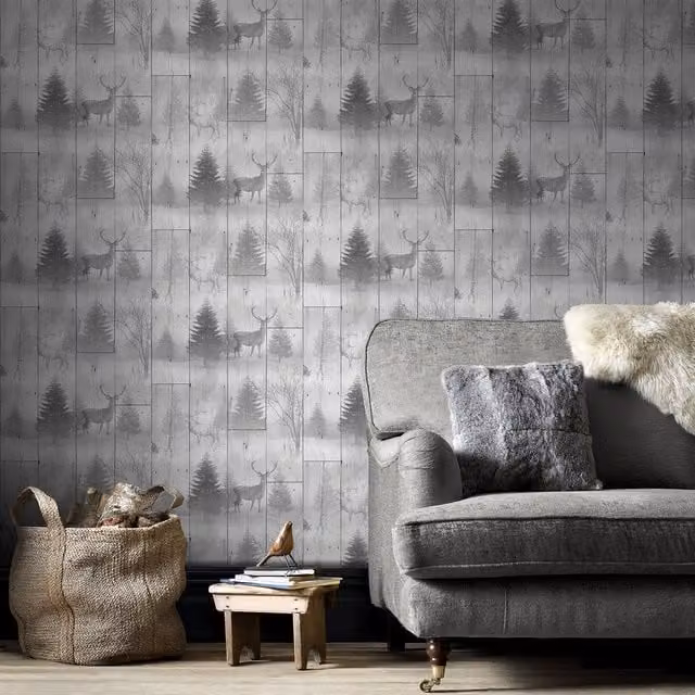 Fresco Highland Plank Grey Rustic Animal Print Paper Wallpaper