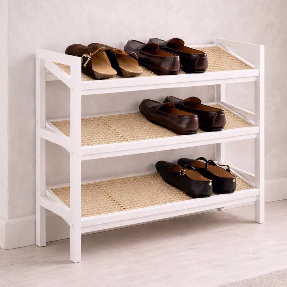 Keplin 3-Tier Bamboo and Rattan Shoe Organiser Rack in White, W/D/H: 54 x 29 x 70 cm – 3