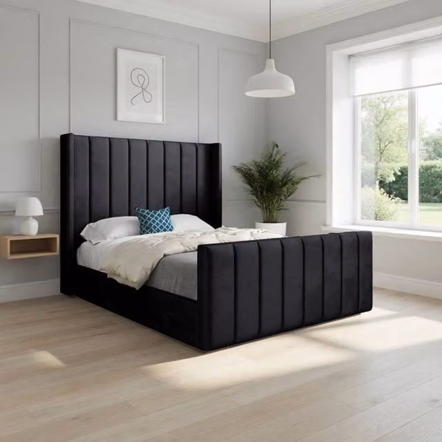 KDMD Stretton Winged Upholstered Designer Bed Frame in Black Soft Velvet, W/D/H: 200 x 137 x 189 cm – 1