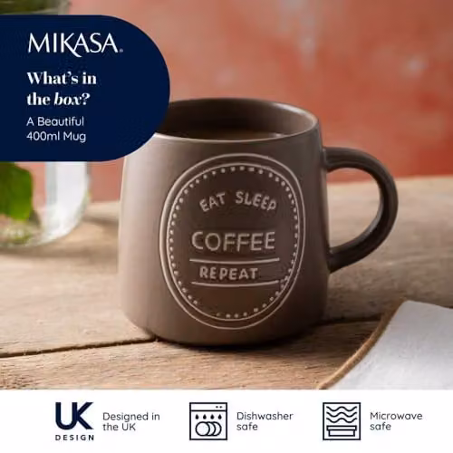 Mikasa Eat Sleep Coffee Repeat Stoneware Mug, 400ml, Brown and Grey – 3
