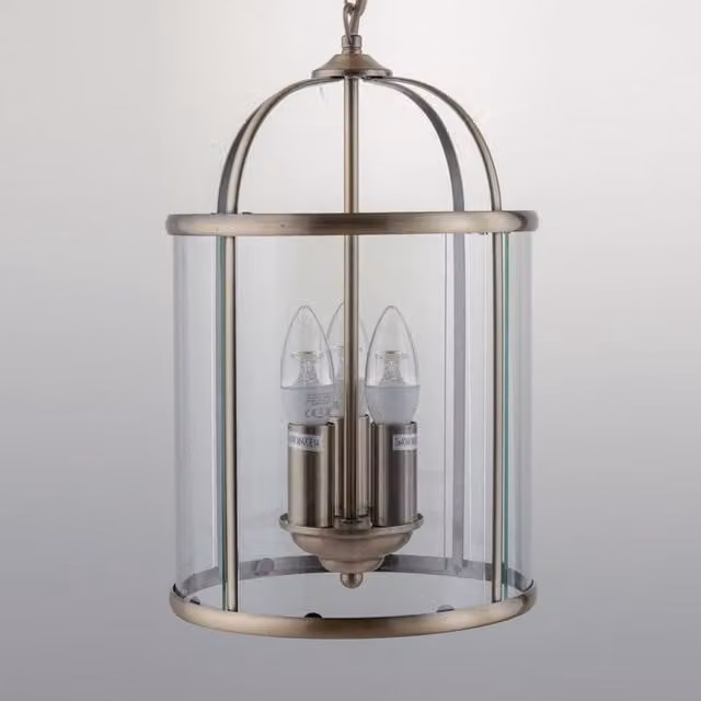First Choice Lighting Antique Brass 3 Light Lantern Style Pendant in Gold with Transparent Glass