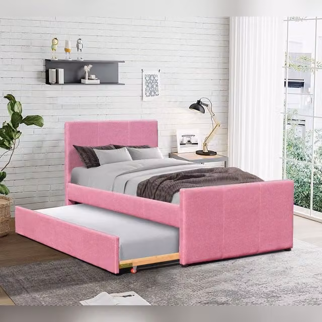 Comfy Living Ltd 3ft Single Upholstered Fabric Bed Frame with Trundle in Pink, W/D/H: 90 x 200 cm