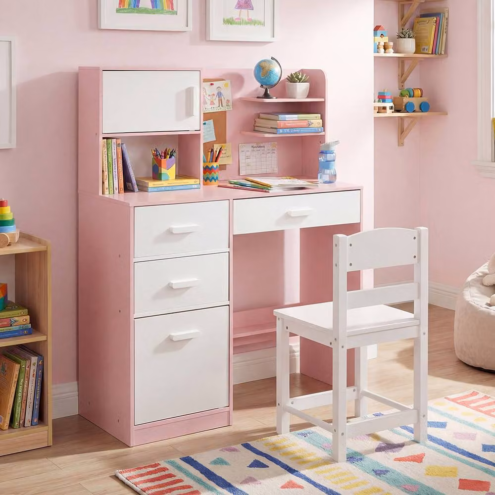 CASART Kids Wooden Study Desk and Chair Set with Hutch in Pink – 3