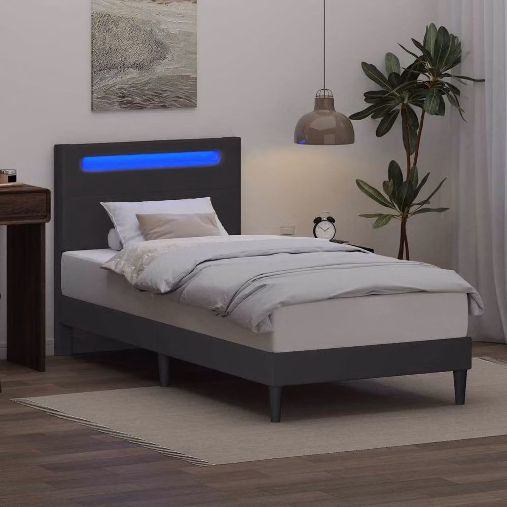 Berkfield Home Grey Faux Leather Bed Frame with LED Strip Lights and USB Charging Port, W/D/H: 90 x 190 cm – 4