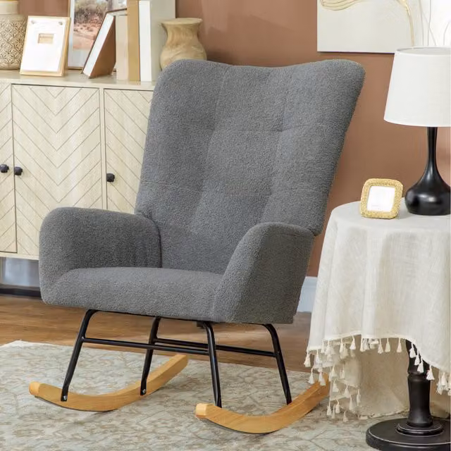 HOMCOM Grey Teddy Bouclé Upholstered Rocking Chair with Rubberwood Base