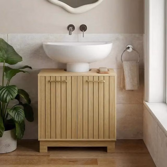 OHS Modern Slatted Undersink Bathroom Cabinet in Light Oak Brown – 1