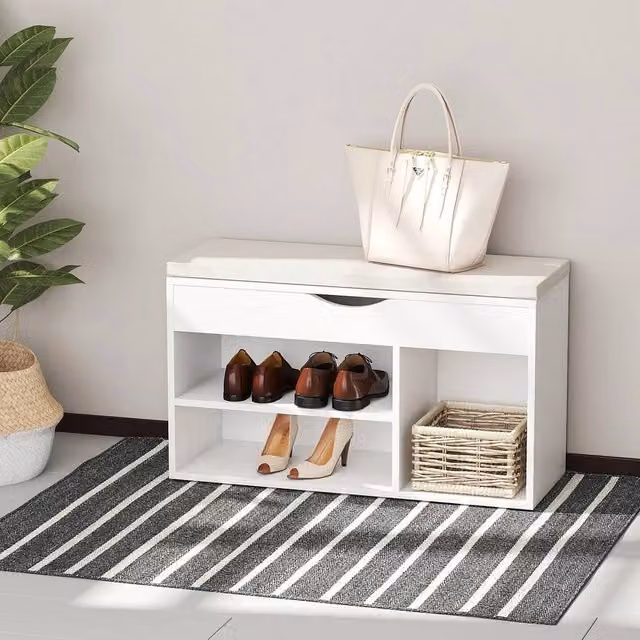 FORGEVIO Wooden Shoe Cabinet Bench with Padded Synthetic Leather Seat in White and Multicolour – 1