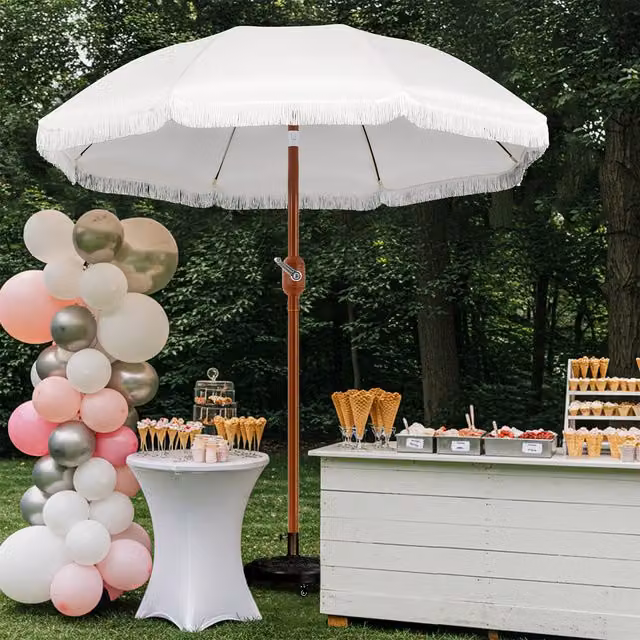 Yaheetech Boho 8-Rib Garden Parasol with Fringe in White, Diameter: 227.5 cm