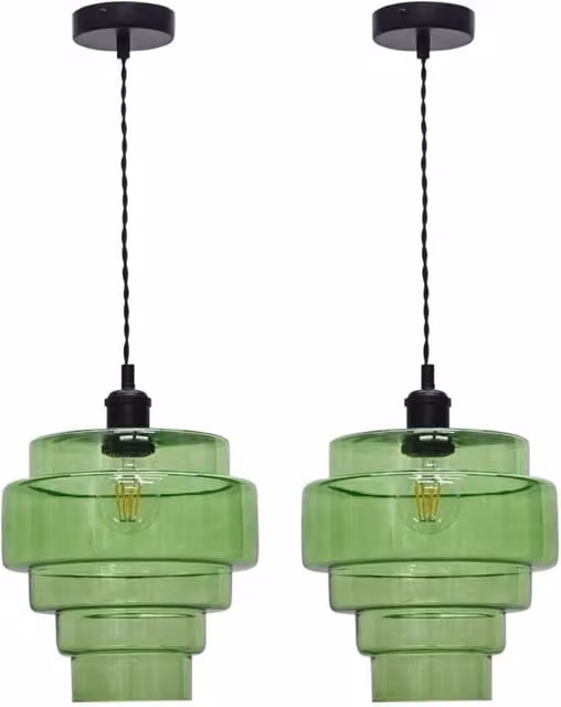 First Choice Lighting Benson Set of 2 Green and Black Glass Cylinder Ceiling Pendant Lights
