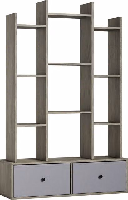 HOMCOM 12 Shelf Storage Unit with Drawers in Grey Wood Effect, H 124 x W 80 x D 24 cm