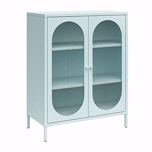 Dorel Home Luna Metal Cabinet with 2 Fluted Glass Doors, Blue, W: 80 cm, D: 40 cm, H: 102 cm – 3