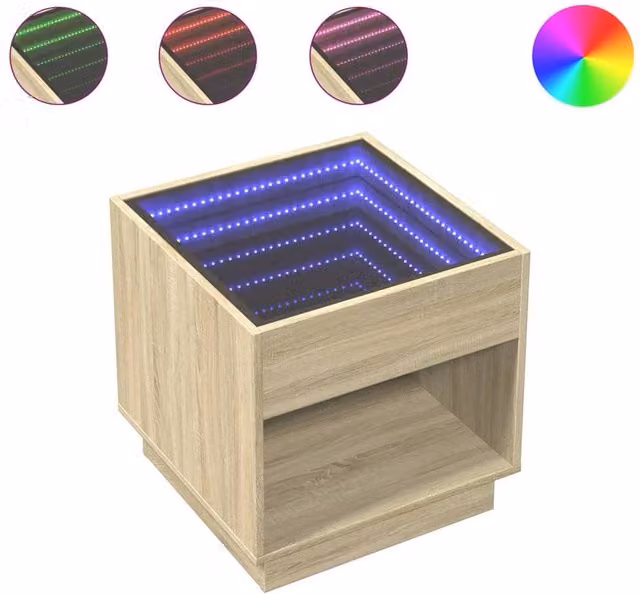Berkfield Home Infinity LED Bedside Table in Sonoma Oak Brown with Mirror Top, W/D/H: 50 x 50 x 50 cm