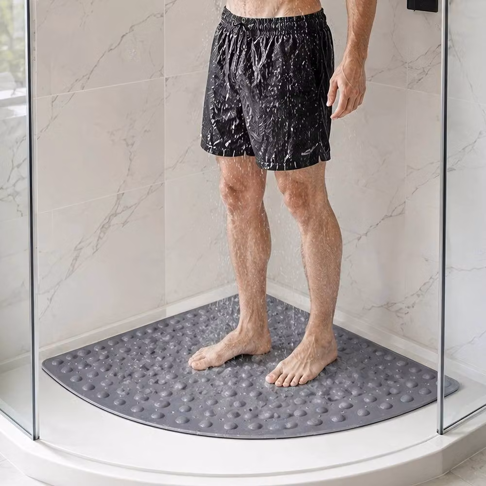 VOGREX L Quadrant Non-Slip Rubber Corner Shower Mat with Strong Suction Cups in Grey – 3