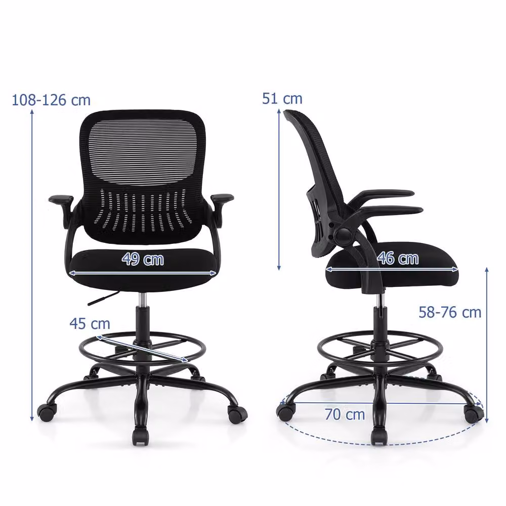 Costway Black Ergonomic Drafting Chair with Swivel, Armrests and Foot Ring – 2
