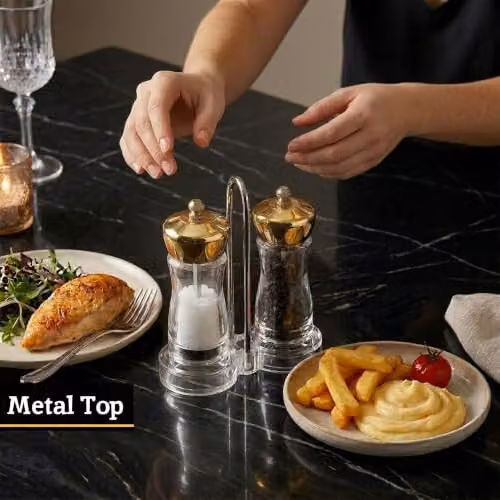 Orsina Gold and Transparent Acrylic Salt and Pepper Mill Set with Stand and Ceramic Mechanisms – 4