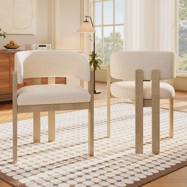 Merax Set of 2 Mid-Century Bouclé Dining Chairs with Solid Wood Legs in White and Beige – 1