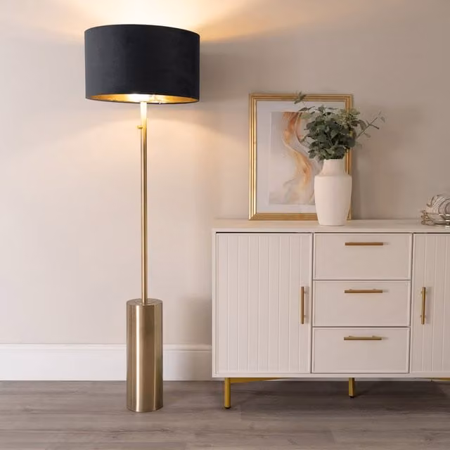ValueLights Lexy Dimmable Brass Floor Lamp with Fabric Cylinder Shade and Bulb in Black and Gold/Brass