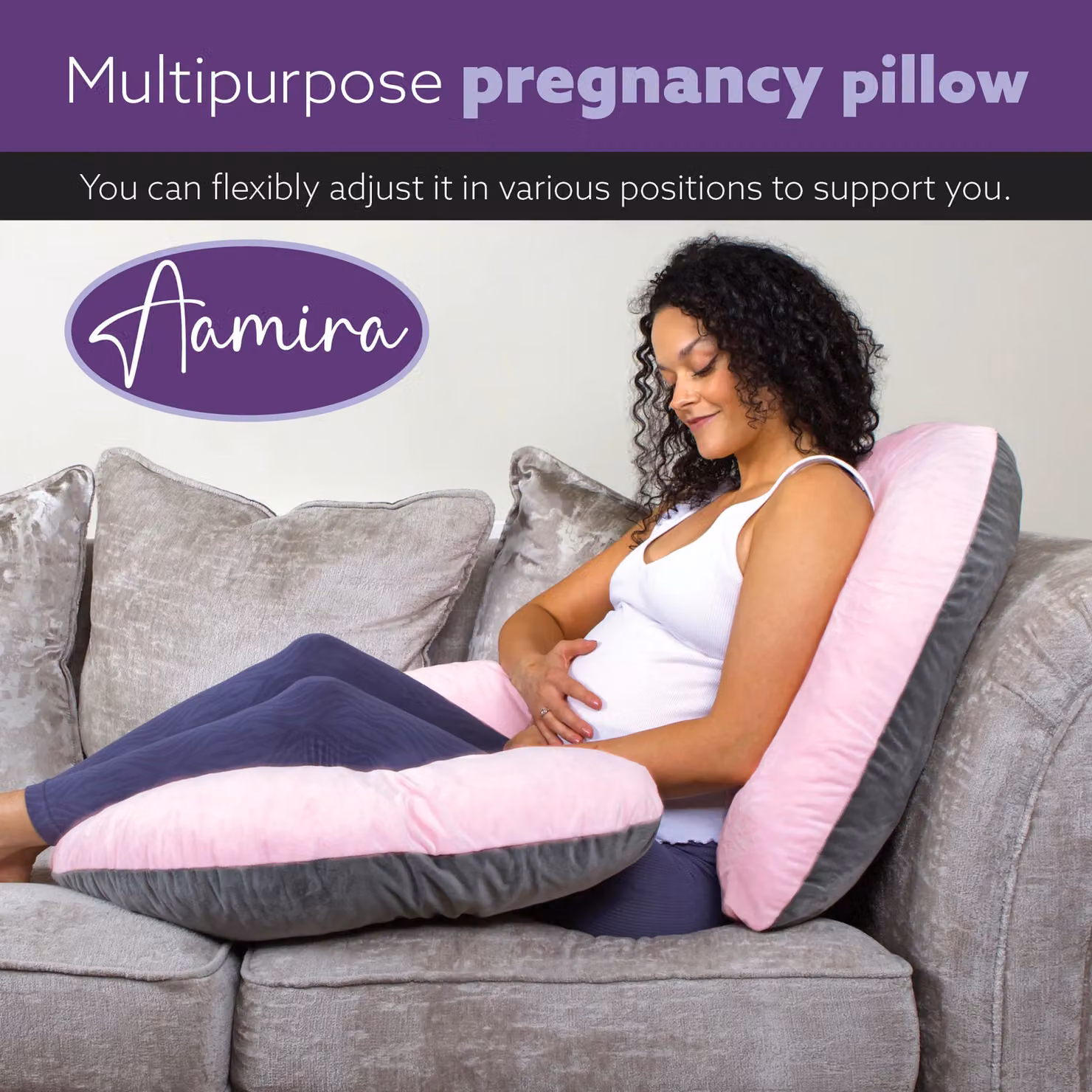 Aamira Pink and Grey C Shaped Pregnancy Pillow with Shredded Memory Foam, W/D/H: 140 x 65 x 20 cm – 8