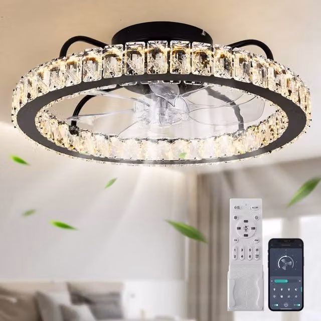 Garwarm Dimmable Crystal Ceiling Fan with LED Light, Remote Control and App, Black