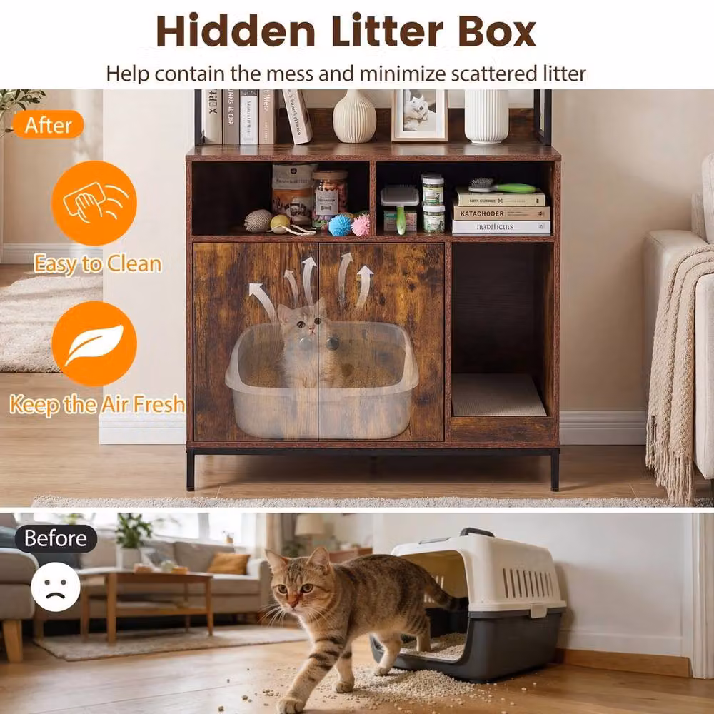 FORGEVIO Industrial Wooden Cat Litter Box Cabinet with Metal Frame, Brown – 4