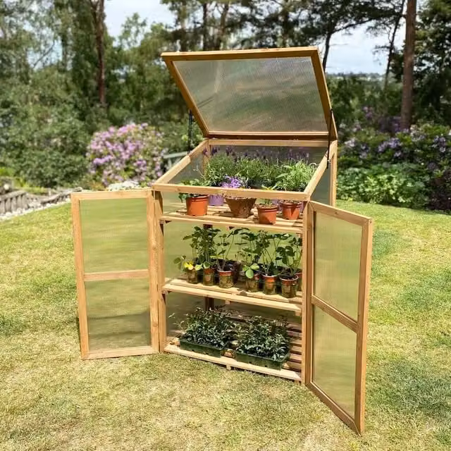 Havendro Wooden Polycarbonate Mini Greenhouse Cold Frame Growhouse in Natural Brown – 1