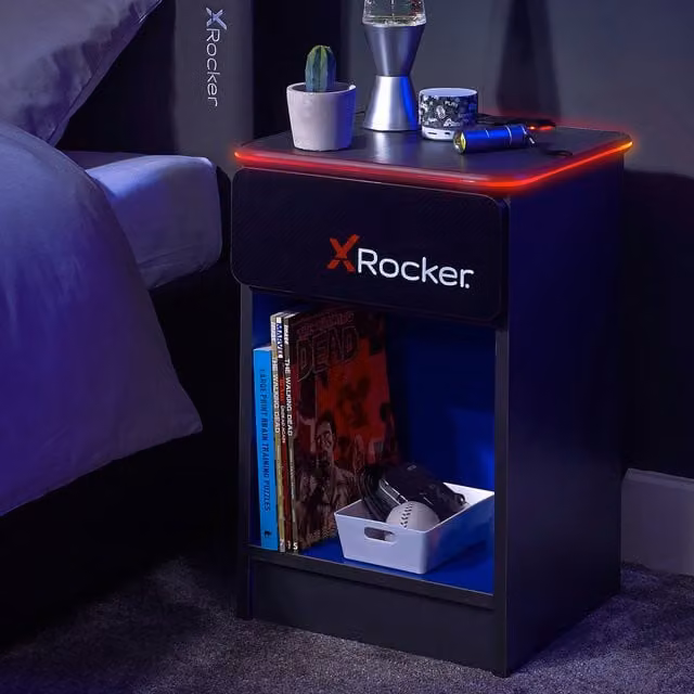 X Rocker CARBON-TEK Bedside Table with Wireless Charging and LED Lights in Blue and Black