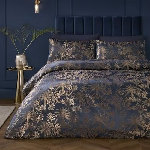 Soiree Midnight Palm Double Duvet Cover Set by J Rosenthal & Son, Navy Blue, Jacquard Palm Tree Pattern, 200 x 200 cm