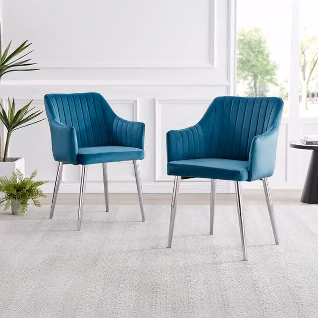 FurnitureboxUK Calla Modern Blue Velvet Dining Chairs with Chrome Metal Legs, Set of 2
