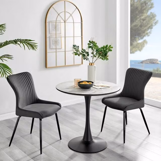 FurnitureboxUK Elina White Marble Effect Round Dining Table and 2 Nora Black Leg Velvet Chairs in Dark Grey