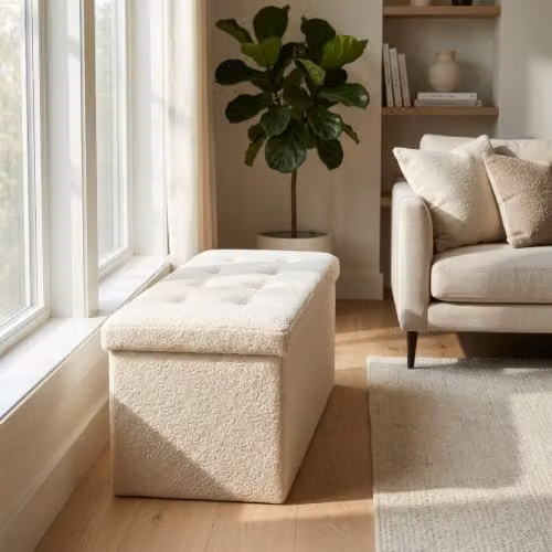 Harbour Housewares Foldable Storage Ottoman Bench in Beige Linen, W/D/H: 111 x 37 x 39 cm – 5
