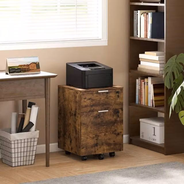 HOMCOM 2 Drawer Brown Industrial Filing Cabinet with Lock and Castors – 1