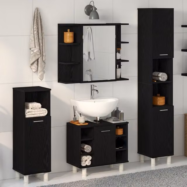 Berkfield Home 4 Piece Black Oak Modern Bathroom Furniture Set with Freestanding Storage and Hinged Doors
