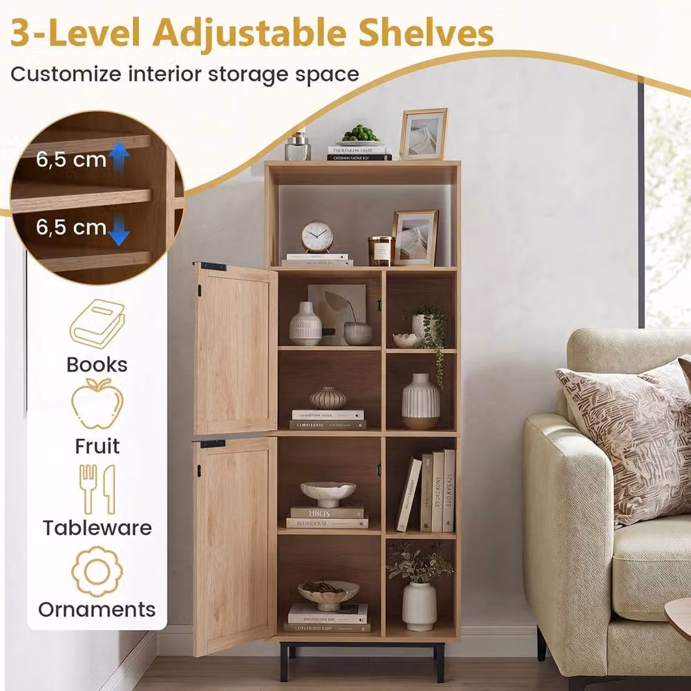 NESTLUNE Boho Kitchen Floor Cabinet with Rattan Hinged Doors and Adjustable Shelves in Brown and Beige, W/D/H: 100 x 15 x 15 cm – 6