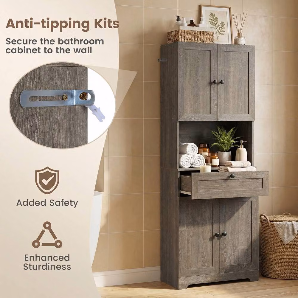 Costway Modern Grey Wooden Bathroom Cabinet with 4 Doors and 1 Drawer – 8