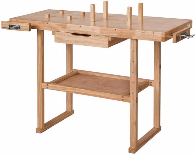 tectake Woodworking Bench with 2 Vices, Drawer and Shelf, Brown – 1