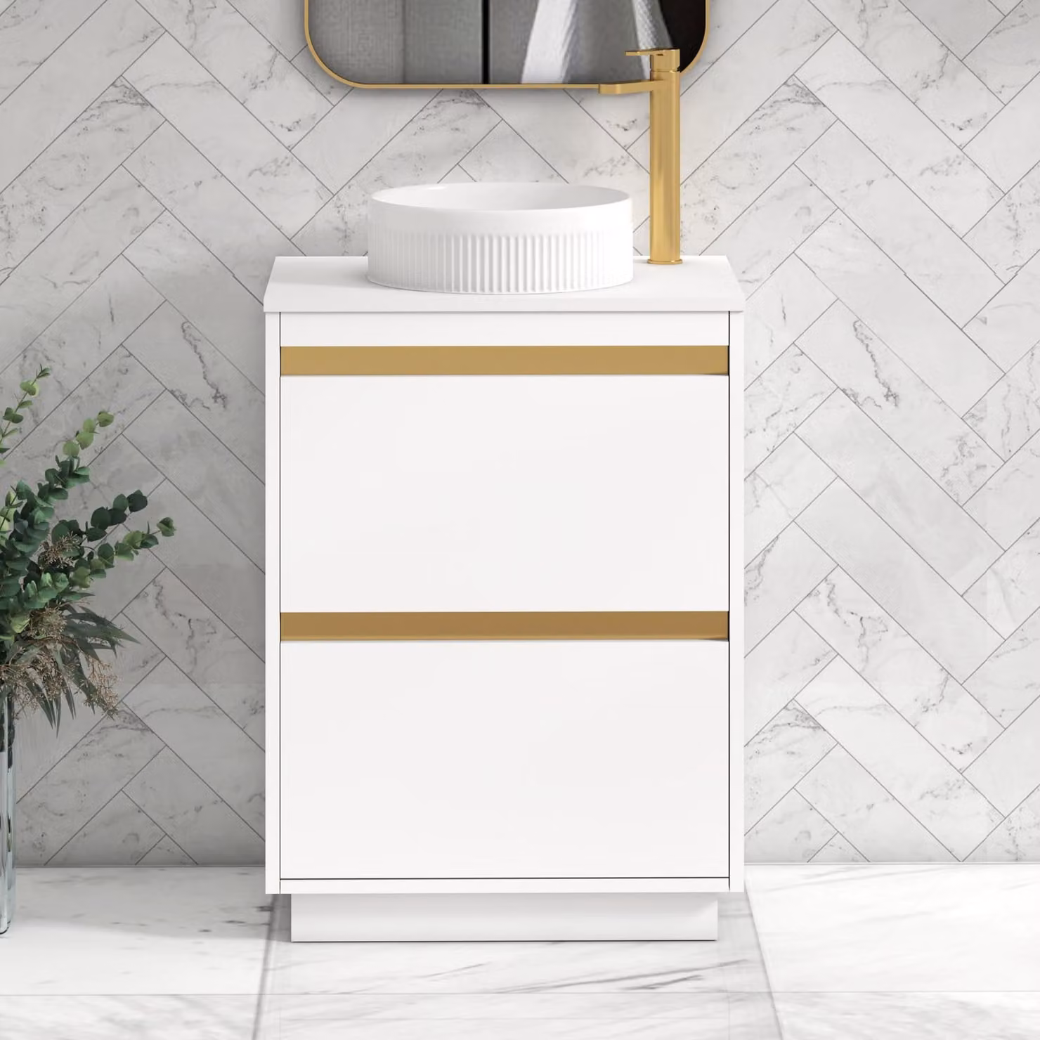 Royal Bathrooms Orion 600mm Matt White Floor Standing 2 Drawer Vanity Unit with Round Basin and Brushed Brass Accent Trim