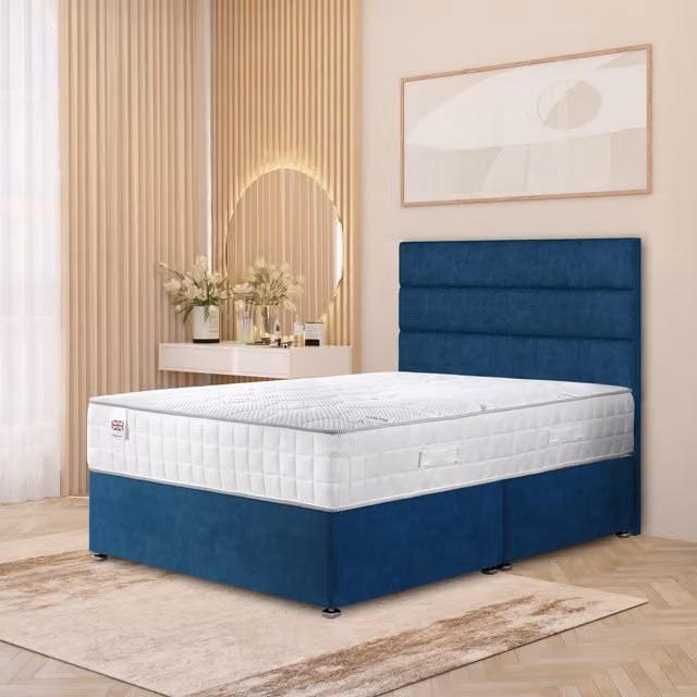 Somnior Beds Ltd Blue Upholstered Divan Bed Set with Drawers and Spring Mattress W/D/H: 90 x 190 cm