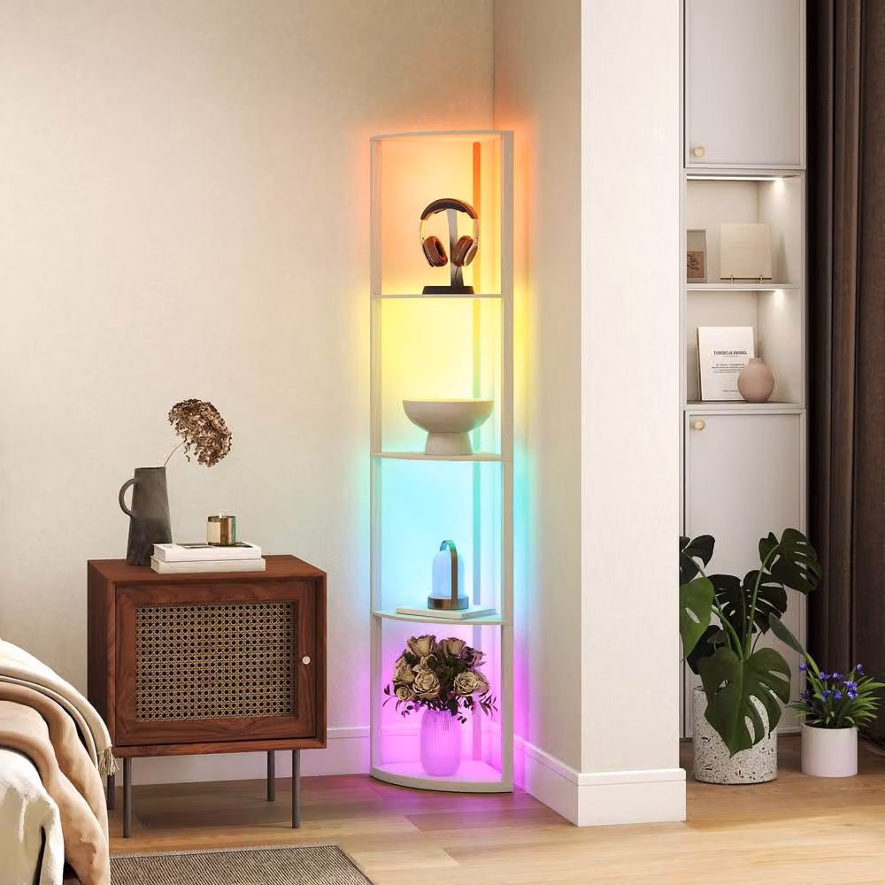 HOMCOM RGB LED Floor Lamp with Remote Control in Light Oak Wood Finish – 2