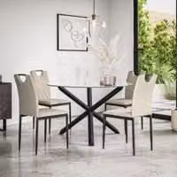 More4Homes Malvern Round Dining Table and 4 Monza Fabric Chairs Set, Clear Glass Top with Solid Oak Black Legs and Beige Chairs, Diameter: 120 cm, Height: 75 cm – 1