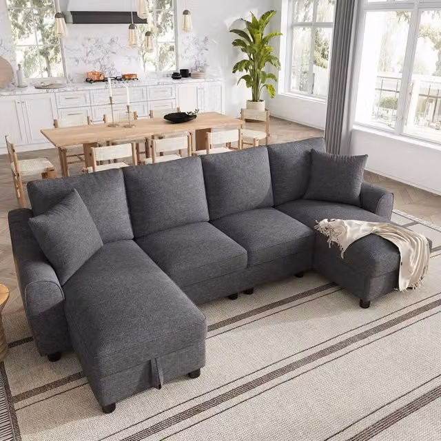 BTM U-Shaped Chenille Sofa in Grey with 2 Storage Chaises and Lift-Up Seats, Width: 272 cm – 1